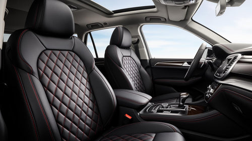 Custom fit black leather seat covers with red stitching